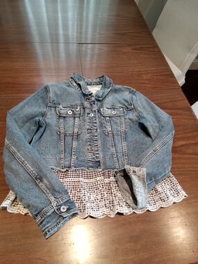Anthropologie Blue Denim Jacket with Gingham Embroidered Peplum